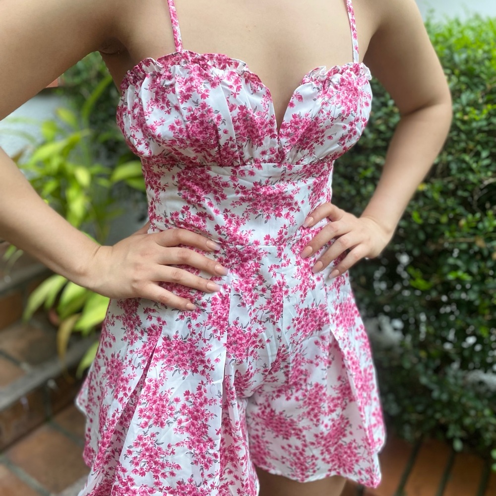 Pink Floral Romper with Sweetheart Neckline
